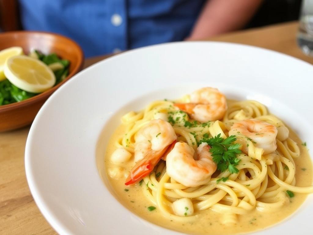 Паста с креветками и соусом биск из панцирей