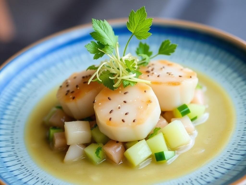 Севиче из гребешка с лаймом, огурцом и кунжутным акцентом